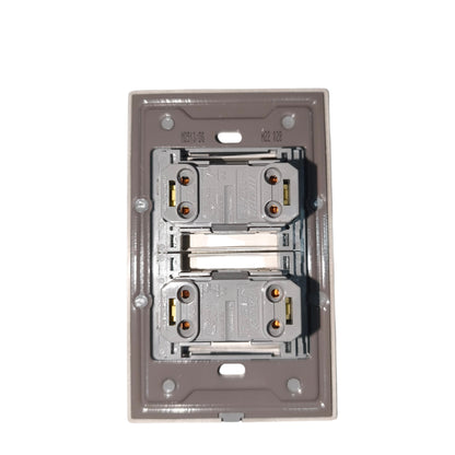 A double GFCI outlet cover plate assembly shown from the back, featuring two silver electrical outlets with gold and red grounding screws inside a gray plastic backplate.