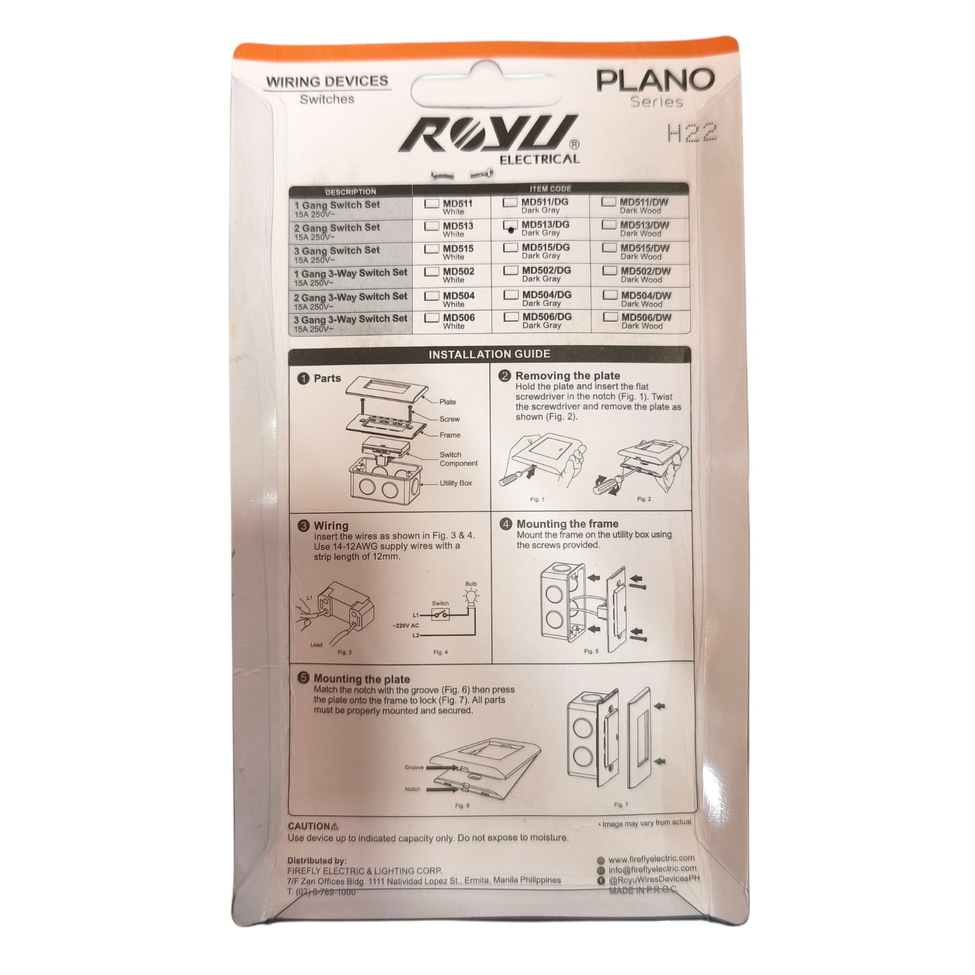 The back of a ROYu Plano H22 wiring device instruction card, showing tables and step-by-step installation diagrams on a white background.