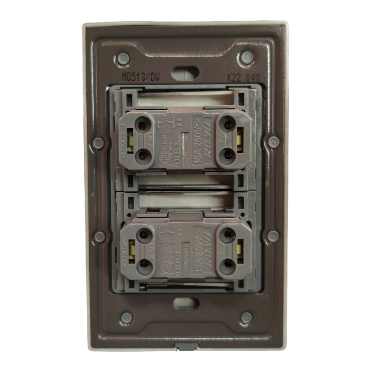 A dual GFCI outlet cover plate assembly in a dark brown finish, showing the exposed gray electrical sockets and internal components against a white background.