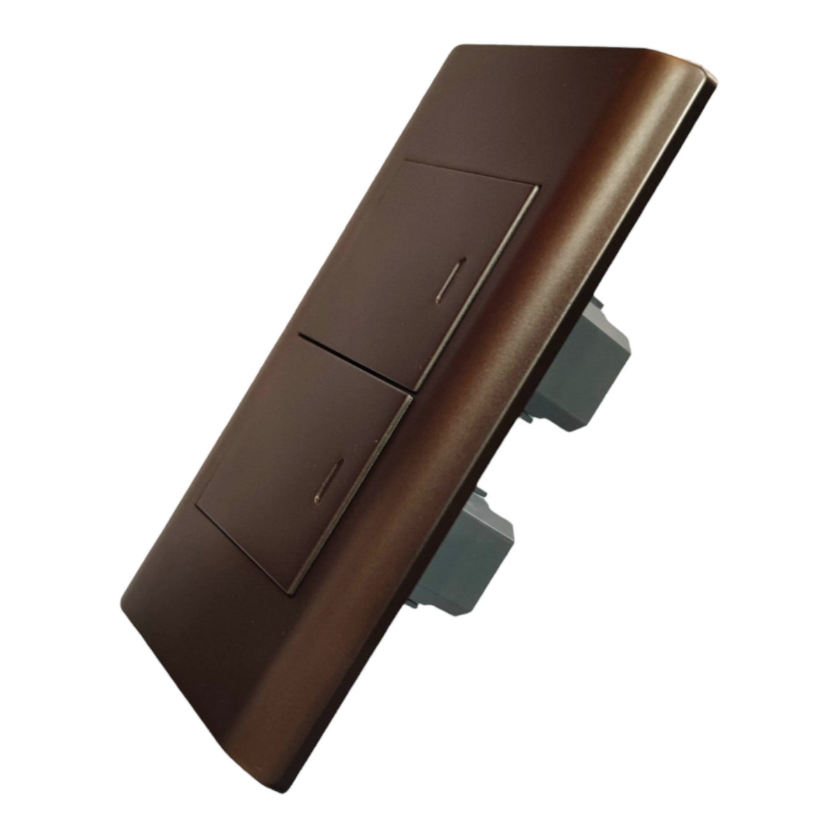 A modern two-switch wall plate in a dark bronze finish, shown at an angle against a plain white background.
