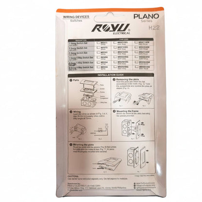 The back of a ROYu Plano H22 wiring device instruction card, showing tables and step-by-step installation diagrams on a white background.
