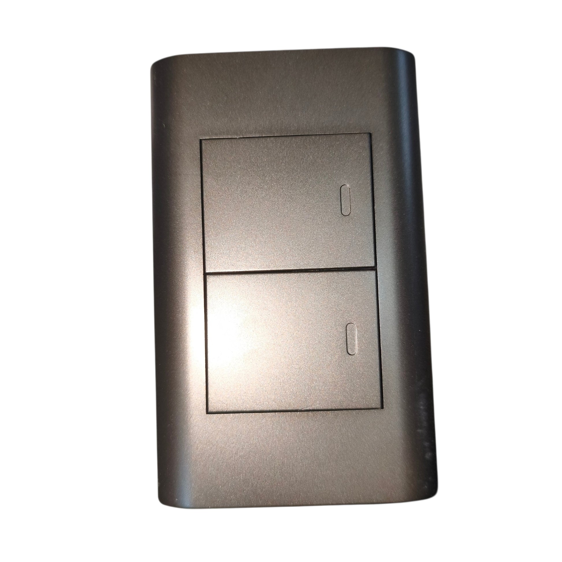 A dark gray dual switch plate cover with a brushed metal texture, featuring two rectangular switch panels with small vertical indentations.