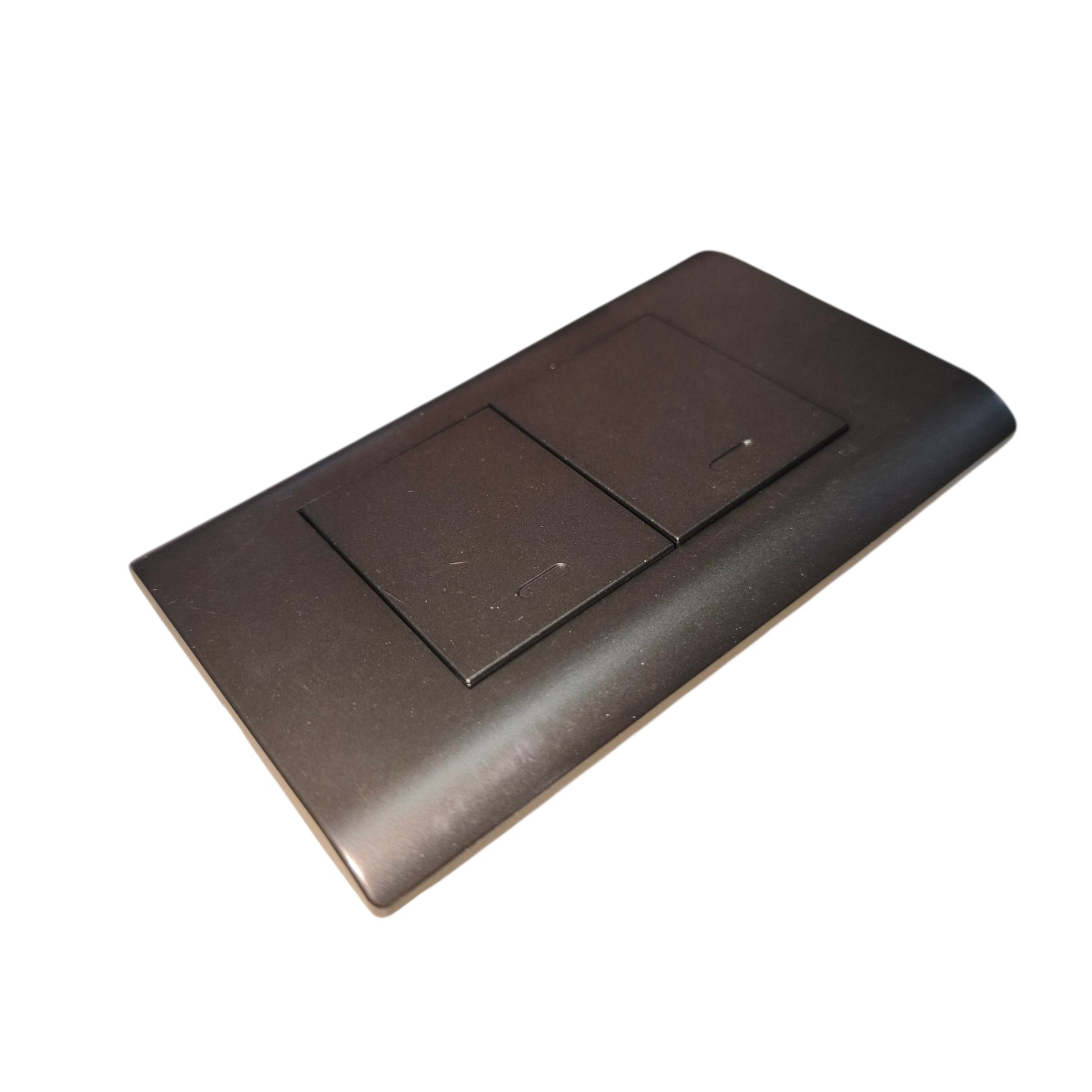 A dark brown double switch plate cover with a matte finish, shown at an angle on a plain white background.
