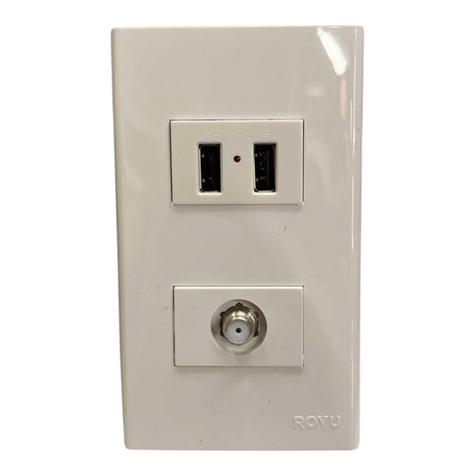 A white ROYu double outlet wall plate featuring a standard US AC outlet on top and a coaxial cable RF connector on the bottom, shown against a plain white background.