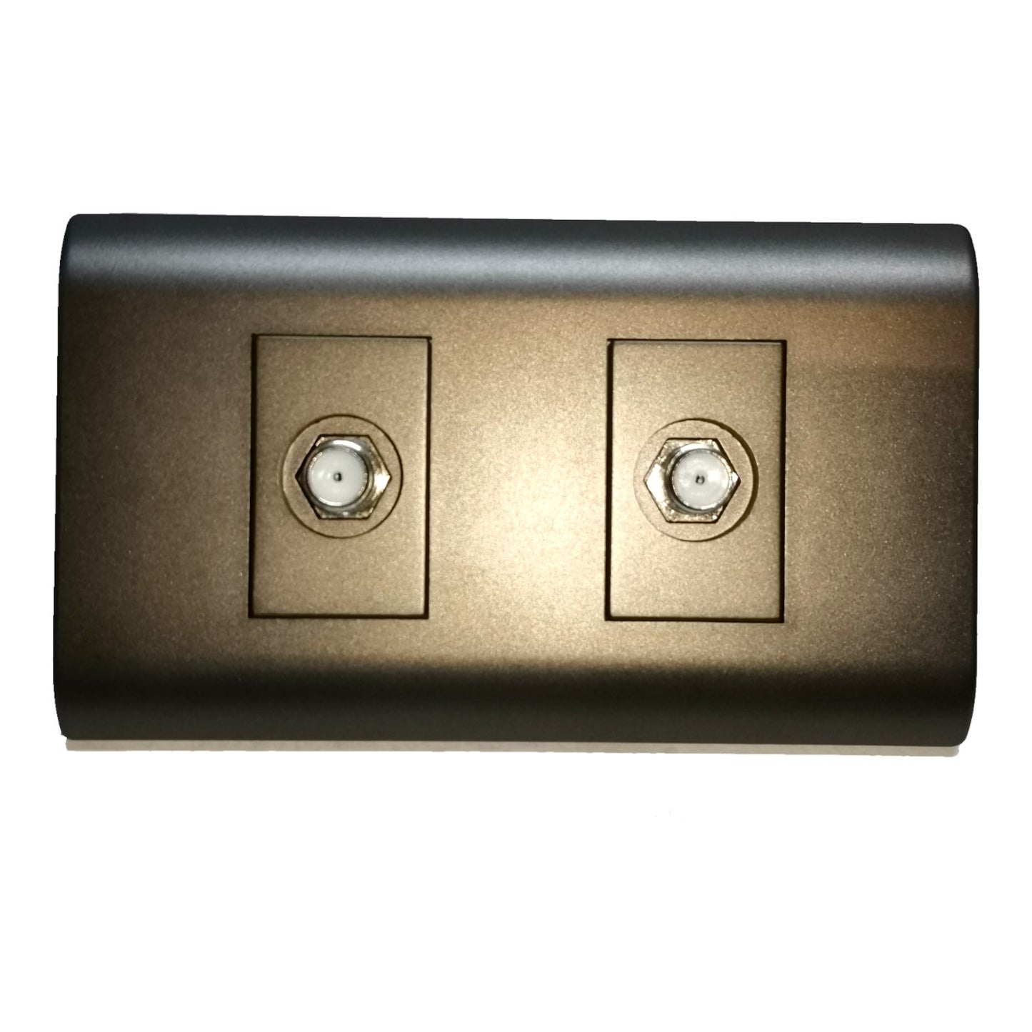 A rectangular wall plate with a brushed metallic bronze finish, featuring two recessed circular sockets with visible hexagonal contacts, shown against a plain white background.