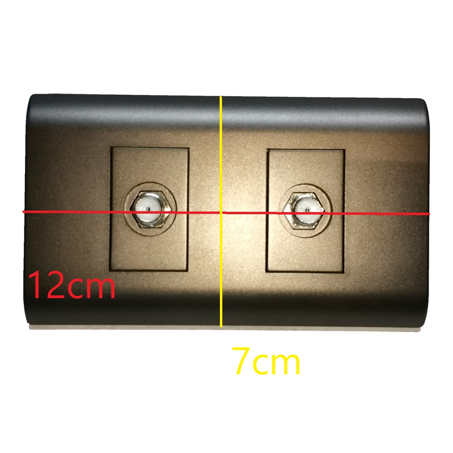 A rectangular wall plate or outlet cover shown on a white background with red and yellow measurement lines and text indicating dimensions 12cm and 7cm.