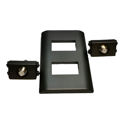 A black metal mounting bracket or adapter plate with two rectangular cutouts in the center, shown on a plain white background with two small black hardware components attached at the left and right sides.
