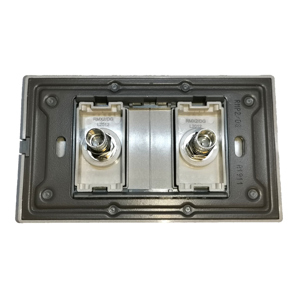 A double-gang electrical outlet backplate with two screw terminals, featuring a dark gray outer frame and a central metallic silver plate.