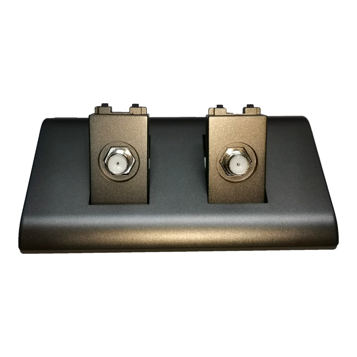 A dual-channel metal mounting bracket with two vertical posts, each featuring a hexagonal silver connector on a dark metallic base, shown against a plain white background.