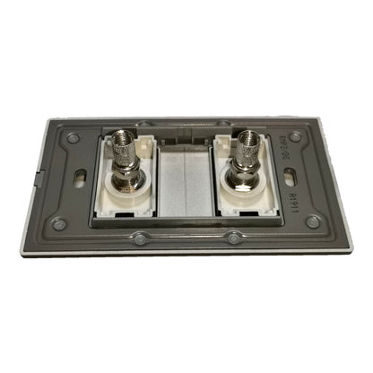 A dual G12 outlet backplate cover with two silver screw-in connectors and a central white plastic component, shown on a plain white background.