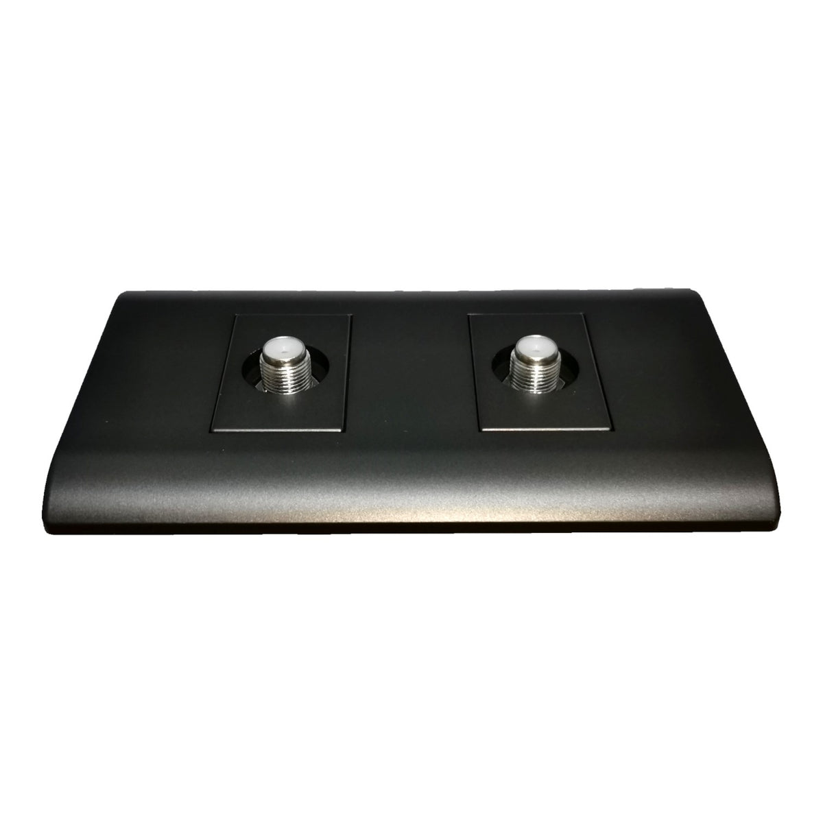 A black rectangular mounting plate with two circular silver metal inserts, photographed on a plain white background.