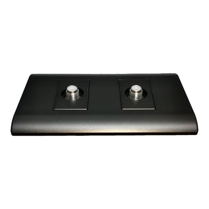 A black rectangular mounting plate with two circular silver metal inserts, photographed on a plain white background.