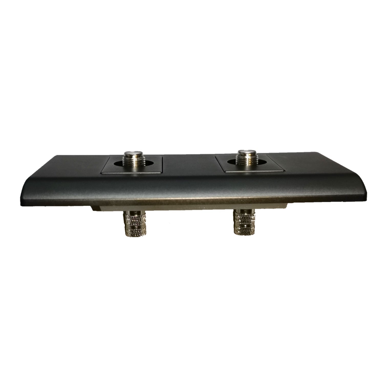 A black rectangular electronic device with two metallic screw terminals on top and two silver metal connectors below, shown against a plain white background.