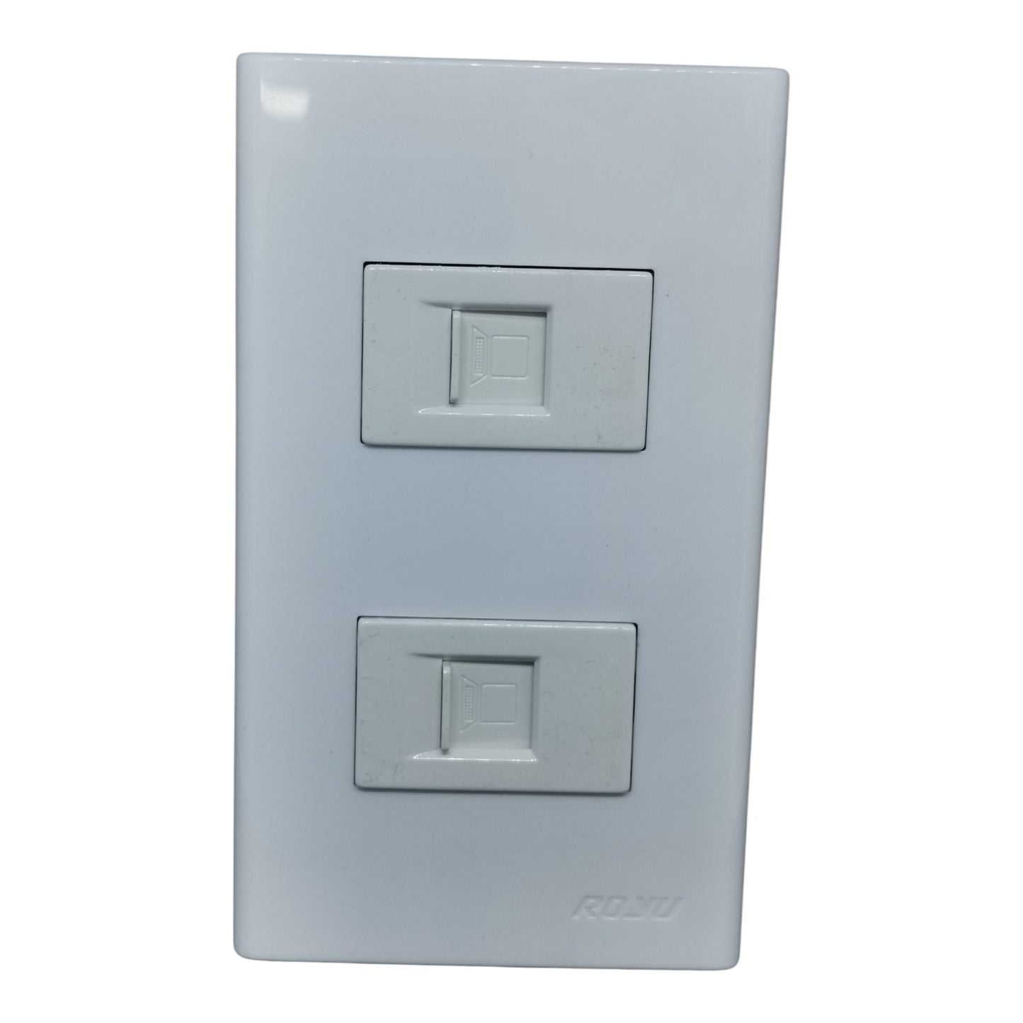 A white RJ45 duplex network panel with two port covers, shown against a plain white background.