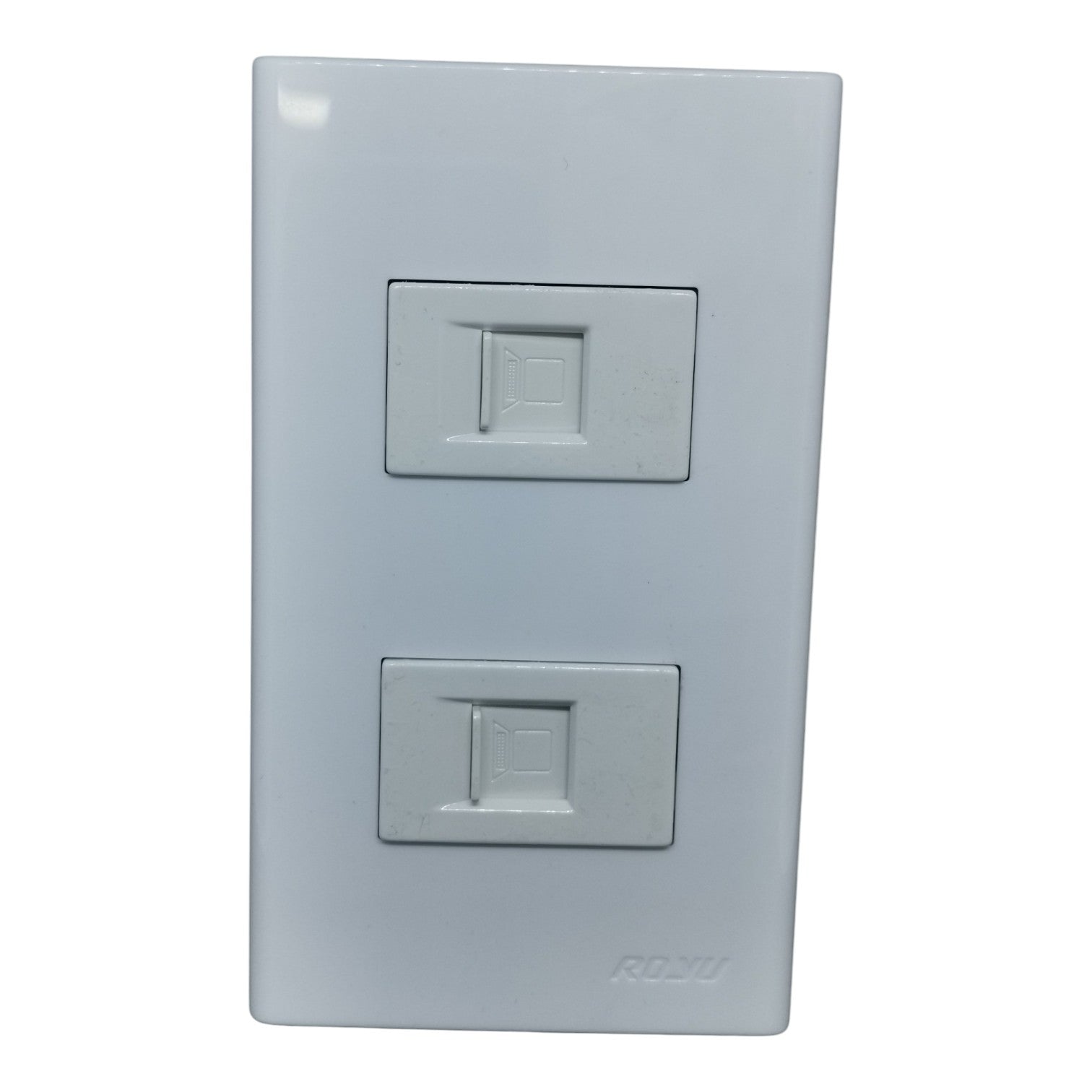 A white RJ45 duplex network panel with two port covers, shown against a plain white background.