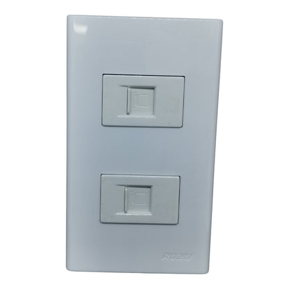 A white RJ45 duplex network panel with two port covers, shown against a plain white background.