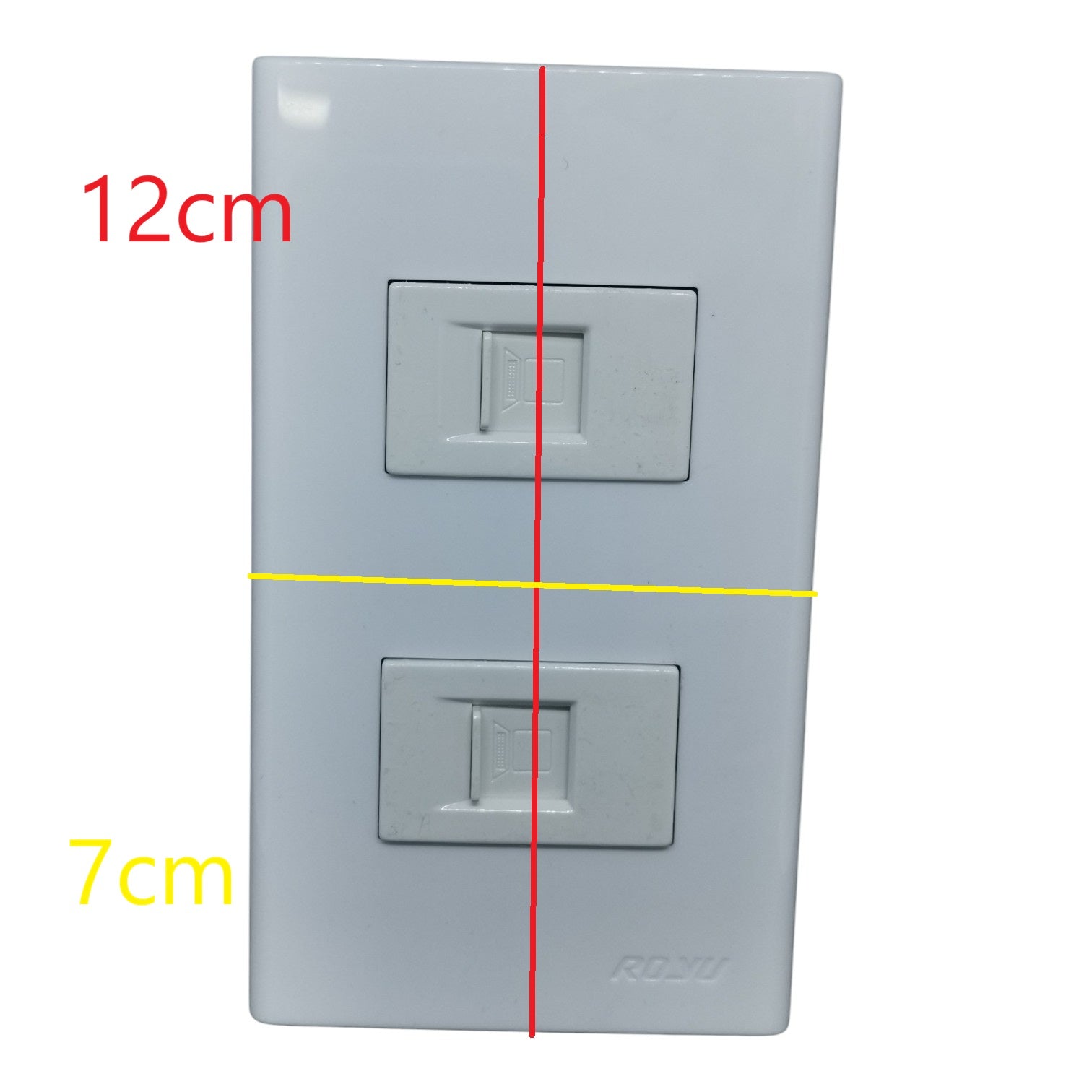 A dual RJ45 network wall outlet in a light gray plastic faceplate, shown with red and yellow dimension lines and text indicating 12cm height and 7cm width on a white background.