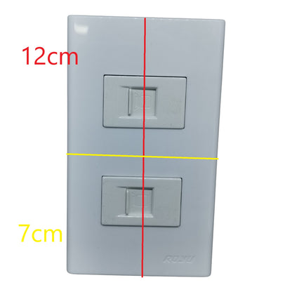 A dual RJ45 network wall outlet in a light gray plastic faceplate, shown with red and yellow dimension lines and text indicating 12cm height and 7cm width on a white background.