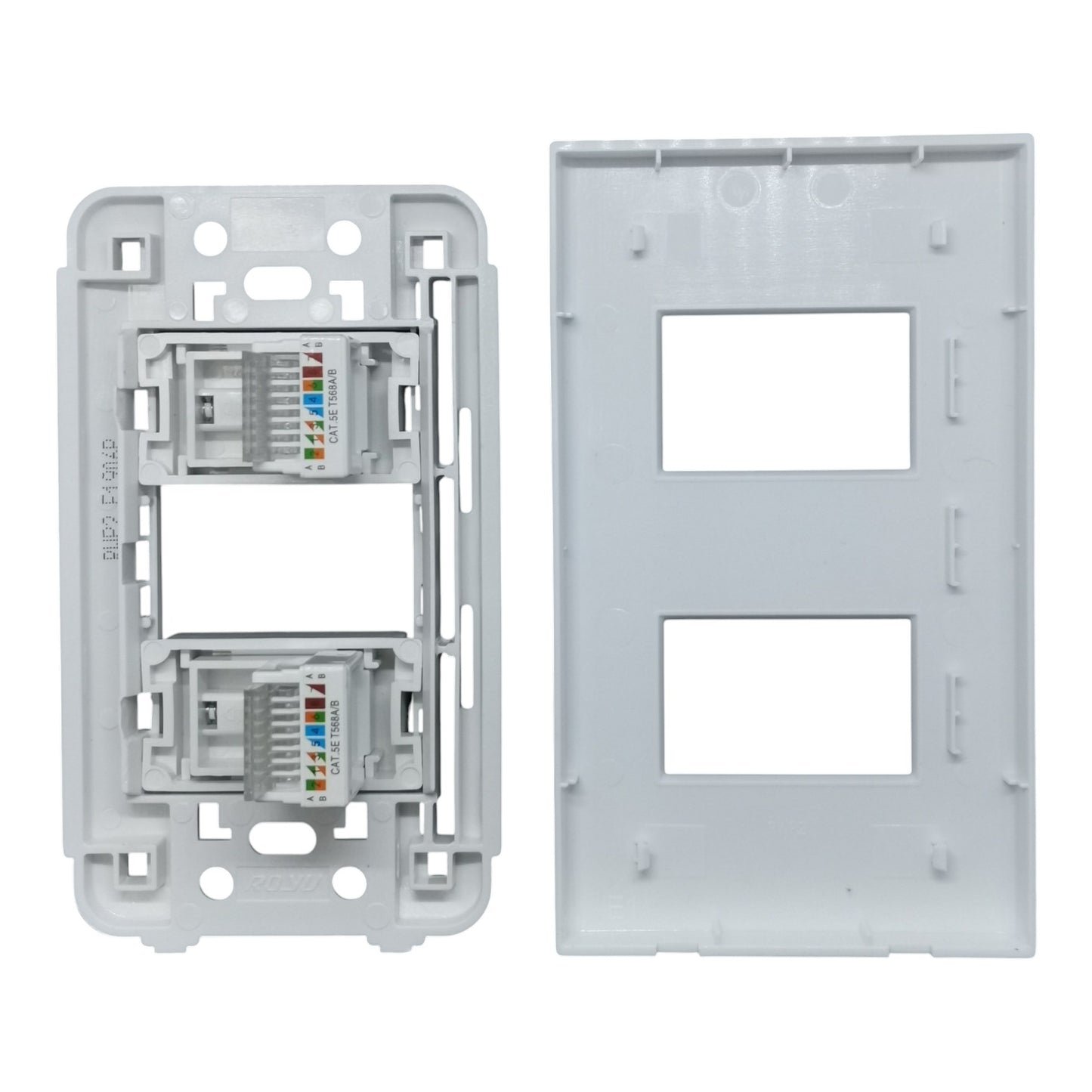 A white plastic RJ45 network outlet wall plate kit showing both the backplate and the internal modular patch panel with two ports.