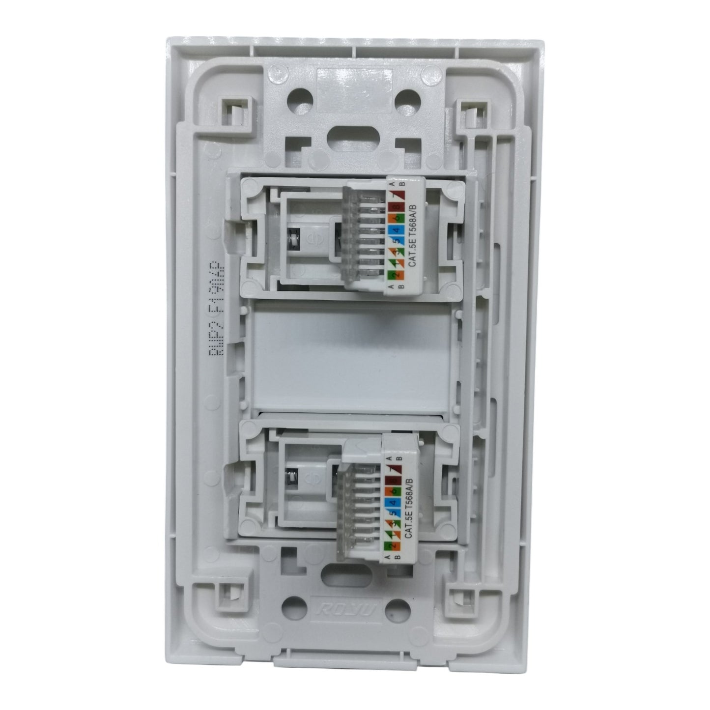 A white plastic RJ45 network module insert with two labeled CAT6E ports, shown against a plain white background.