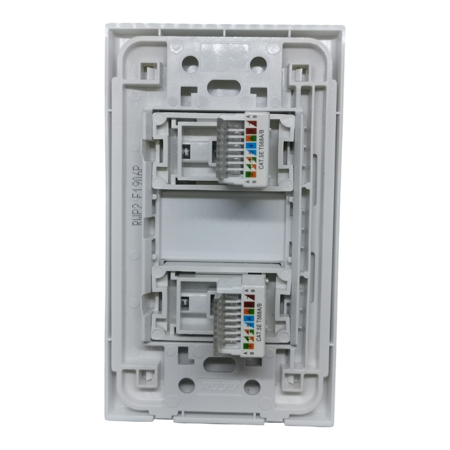 A white plastic RJ45 network module insert with two labeled CAT6E ports, shown against a plain white background.