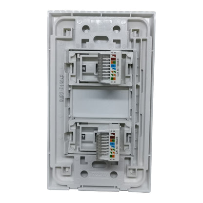 A white plastic RJ45 network module insert with two labeled CAT6E ports, shown against a plain white background.