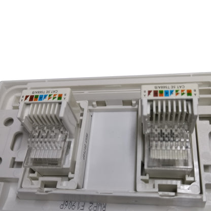 Two RJ45 CAT 6 ethernet network module connectors in a white plastic modular patch panel, shown against a white background.