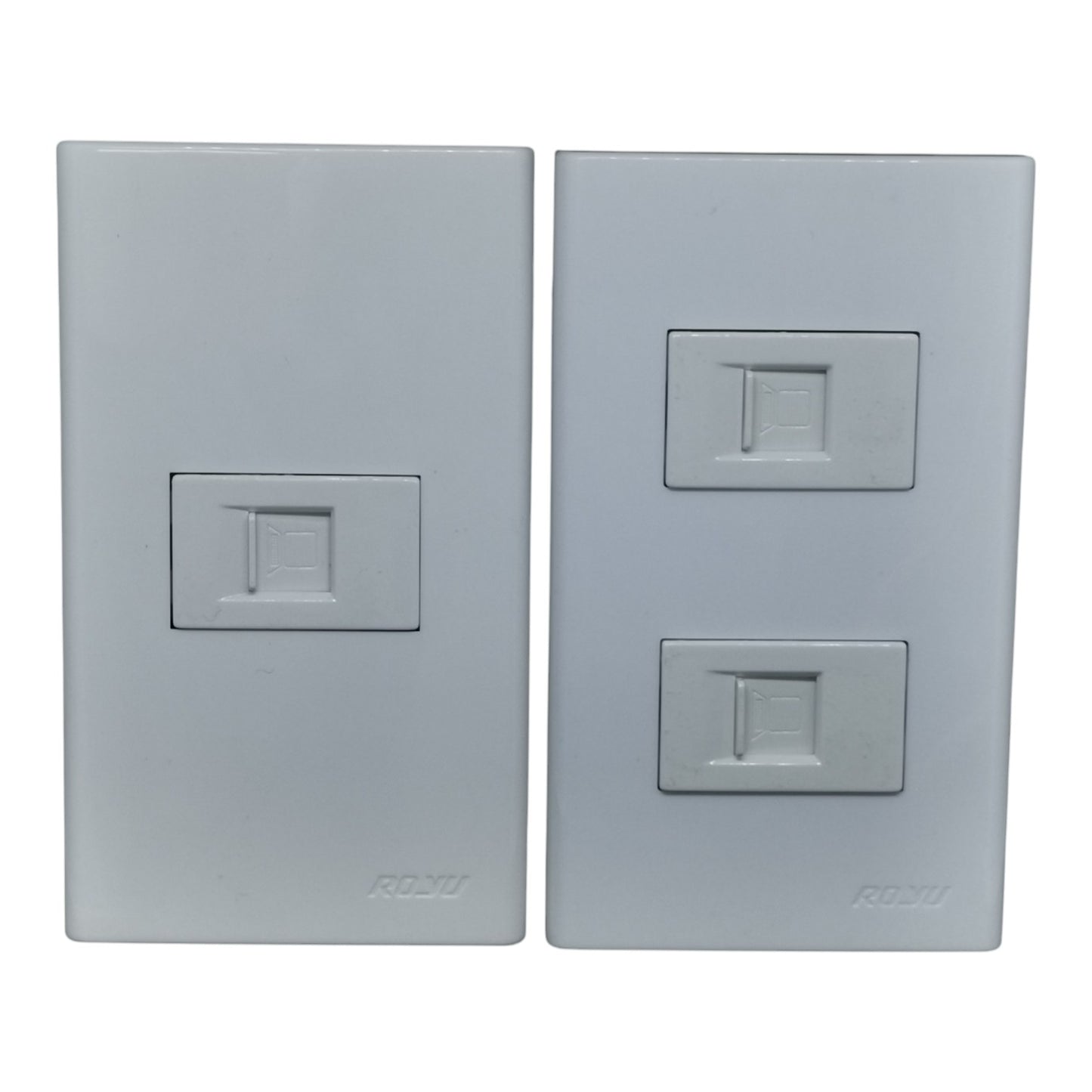 Two white RJ45 network wall outlets, one single-port and one double-port, shown side-by-side on a white background.