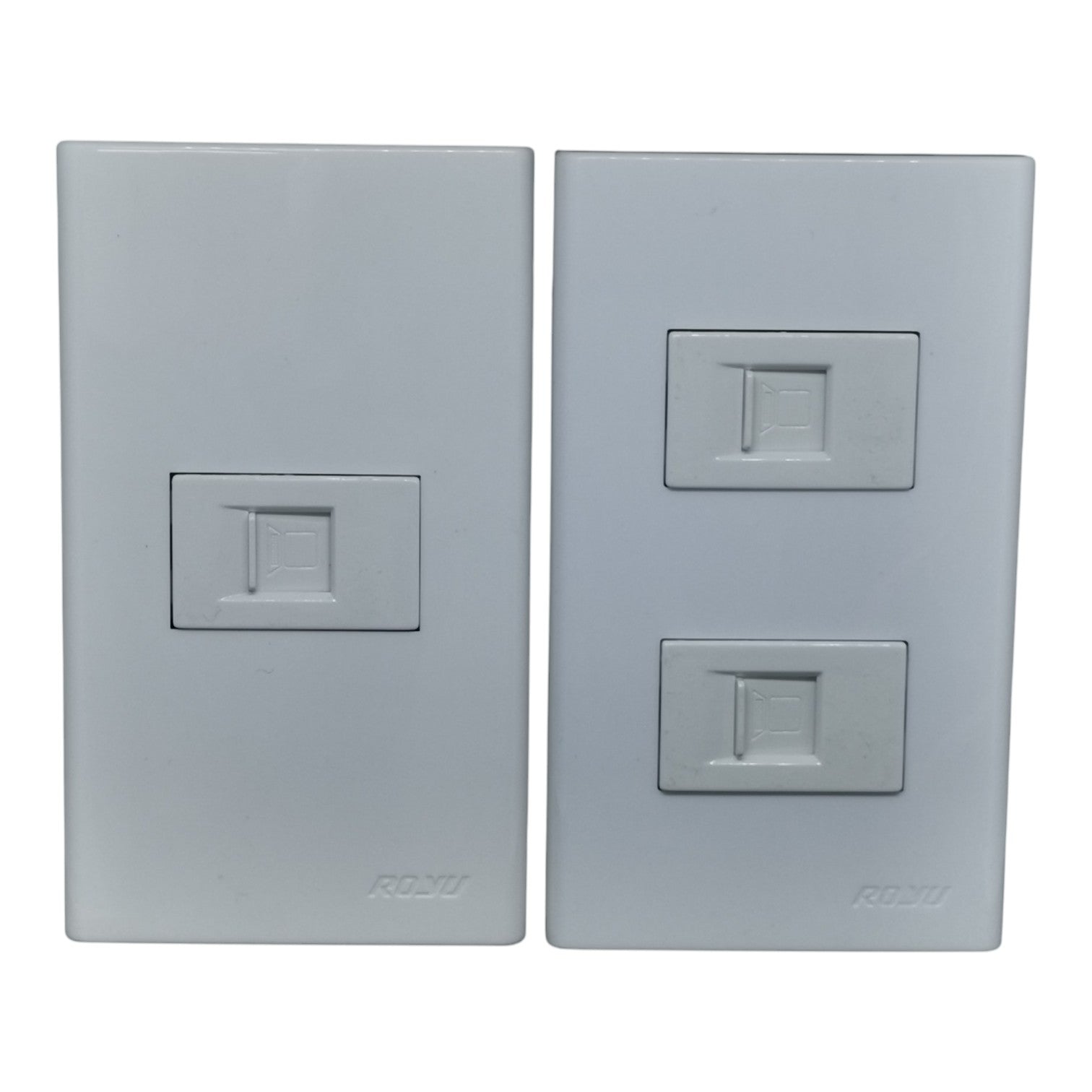 Two white RJ45 network wall outlets, one single-port and one double-port, shown side-by-side on a white background.