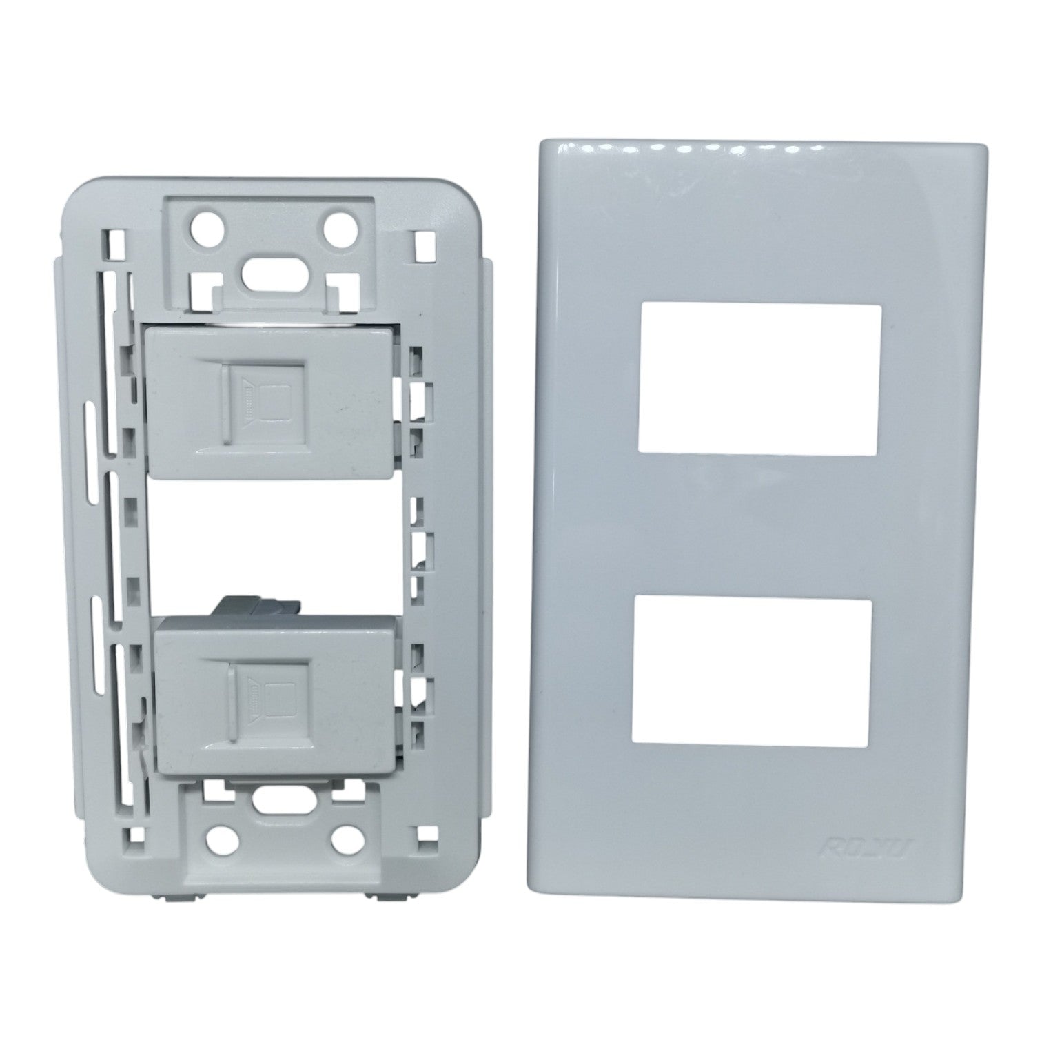 A light gray dual-port electrical outlet cover plate kit, showing both the backplate with two rectangular cutouts and the corresponding mounting backplate.