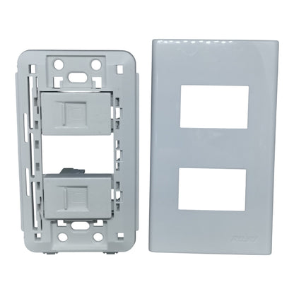A light gray dual-port electrical outlet cover plate kit, showing both the backplate with two rectangular cutouts and the corresponding mounting backplate.