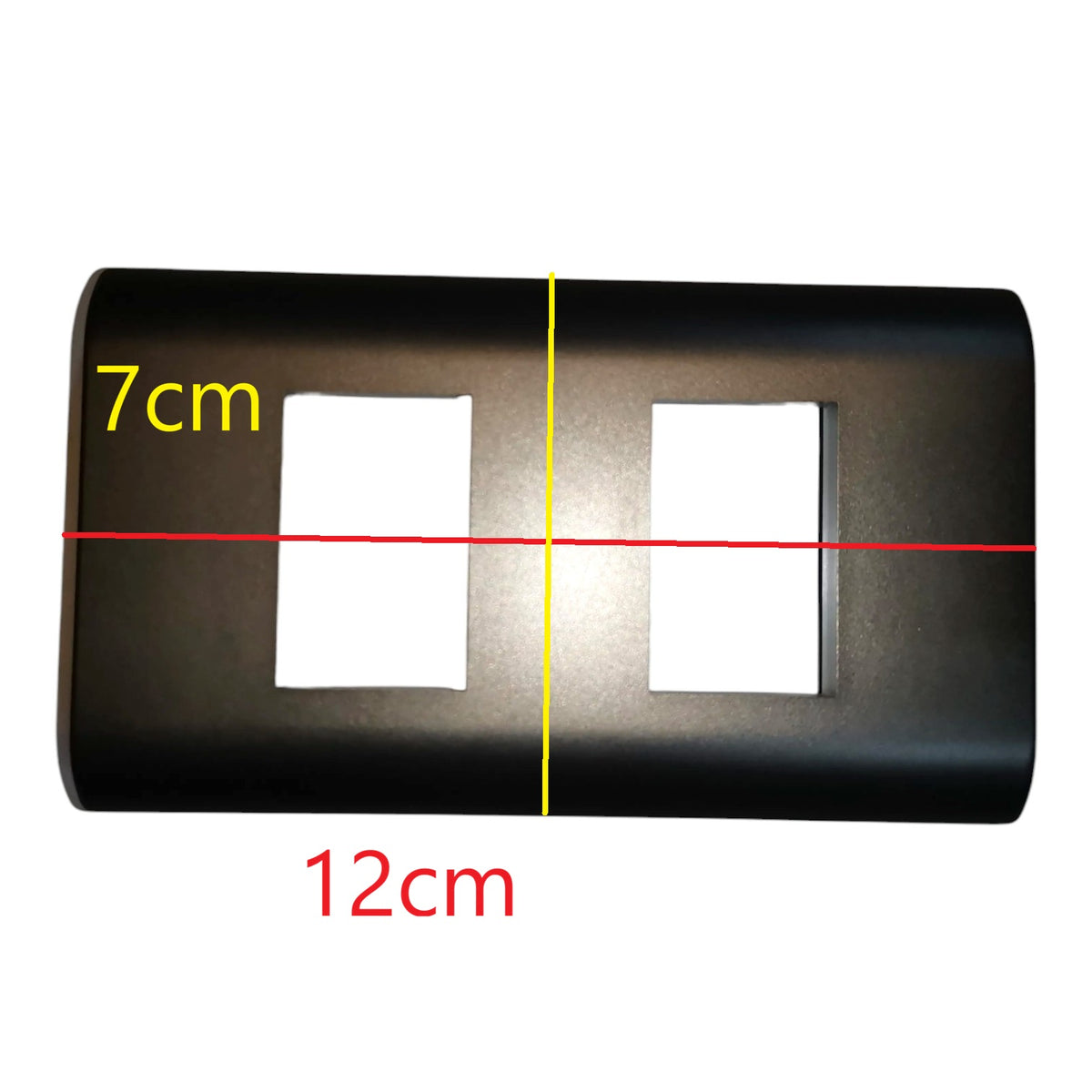 Black double-gang switch plate cover with dimension markings showing 12cm width and 7cm height on a white background.