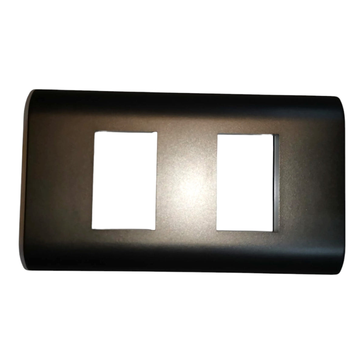 A black double-gang light switch plate cover with two rectangular cutouts, shown against a plain white background.