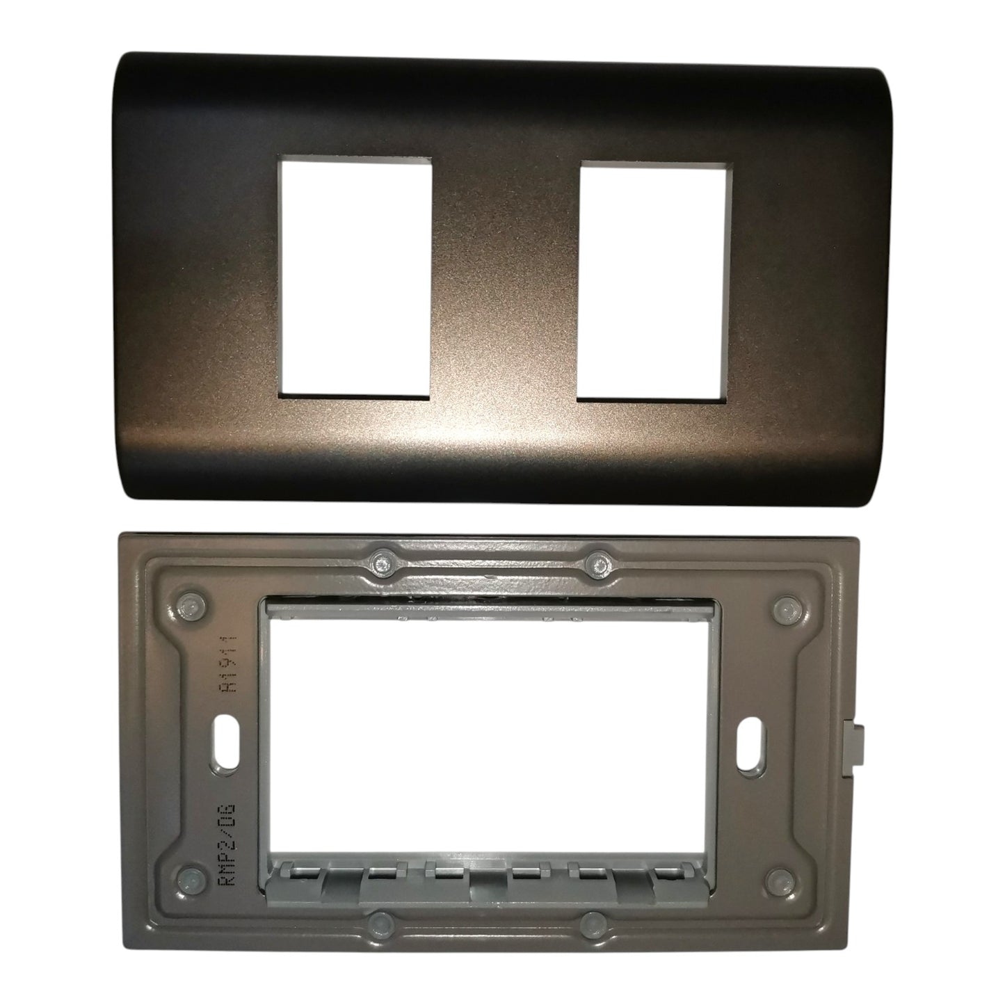 A dual-gang light switch plate cover set shown against a plain white background, featuring a textured dark brown top cover and a matching gray mounting base.