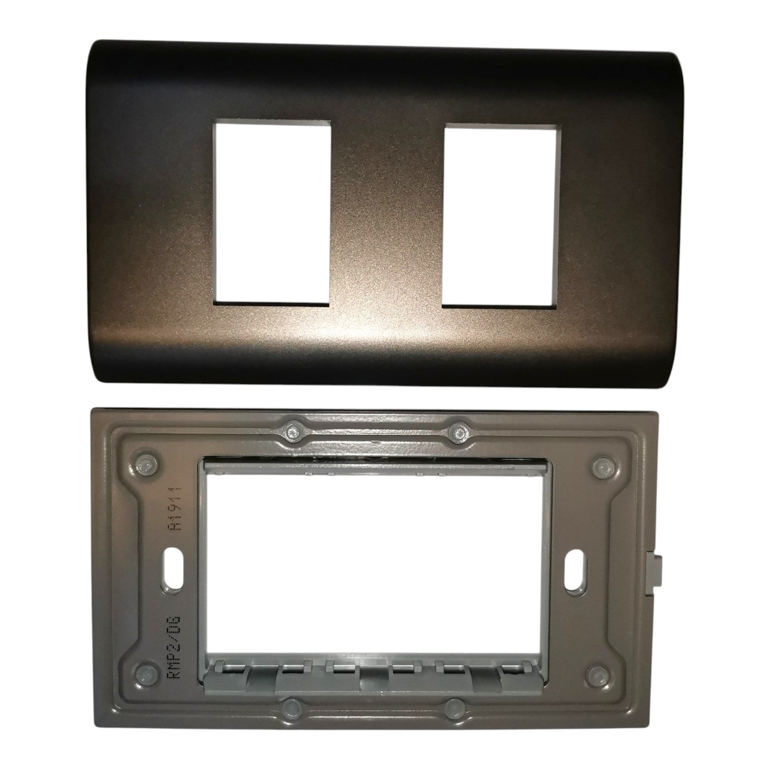 A dual-gang light switch plate cover set shown against a plain white background, featuring a textured dark brown top cover and a matching gray mounting base.