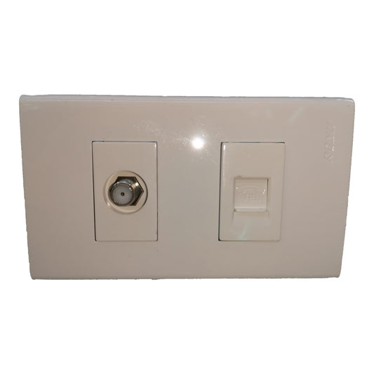 A beige wall switch panel featuring a coaxial cable input on the left and a single-pole switch on the right, set against a plain white background.