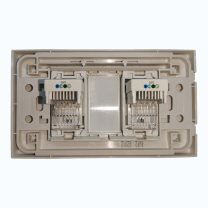 A dual RJ45 network patch panel module with two 8-port LAN ports, featuring LED status indicators and clear fiber optic connectors, set against a plain white background.