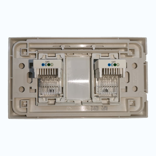 A dual RJ45 network patch panel module with two 8-port LAN ports, featuring LED status indicators and clear fiber optic connectors, set against a plain white background.