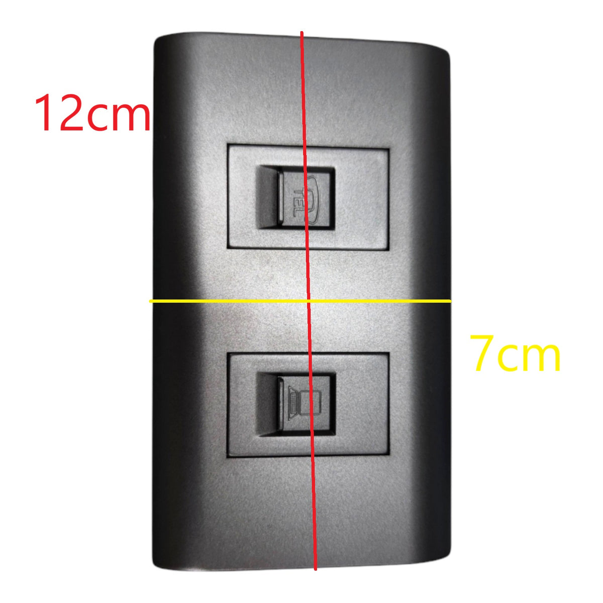 A dual GFCI outlet cover plate shown on a white background with red and yellow dimension lines indicating 12cm height and 7cm width.