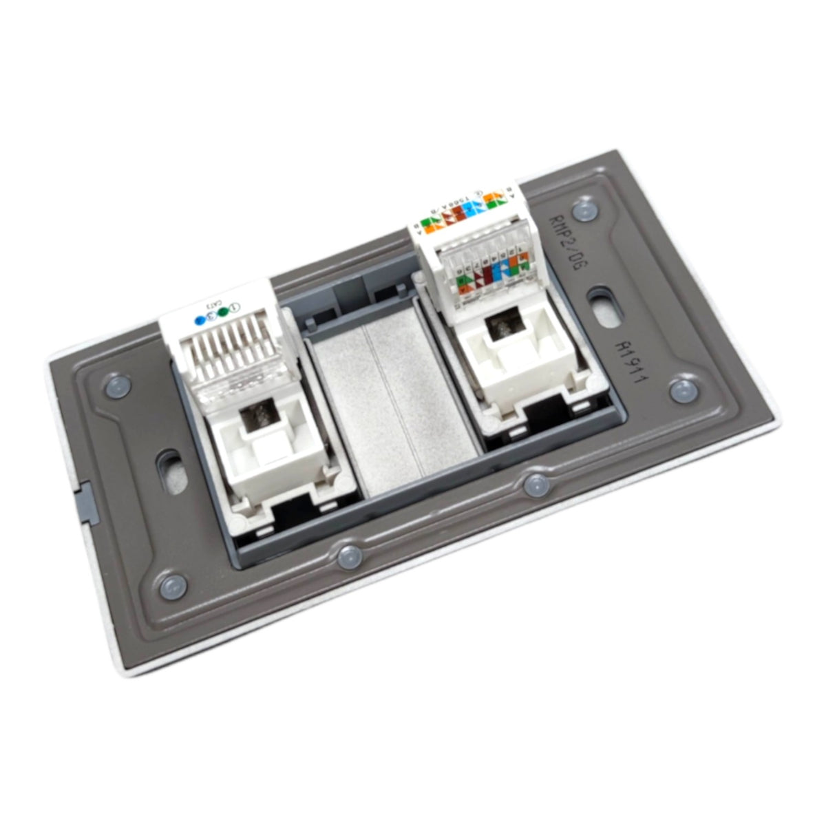 A two-port RJ45 Ethernet patch panel module with white connector boots and colorful wire shielding, set inside a gray metal backplate.