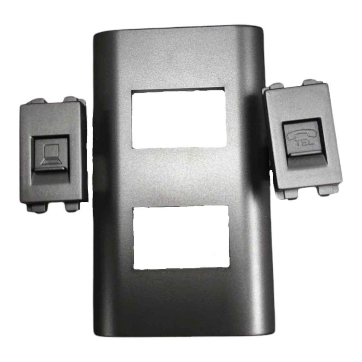 A dark gray metal phone jack cover plate with two matching jack inserts on either side, shown on a plain white background.
