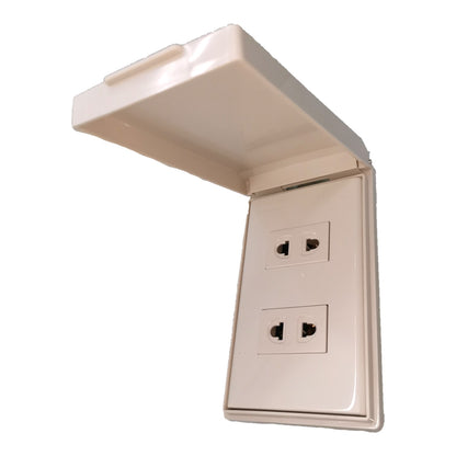 A beige plastic double outlet socket cover with a hinged lid, shown open against a plain white background.