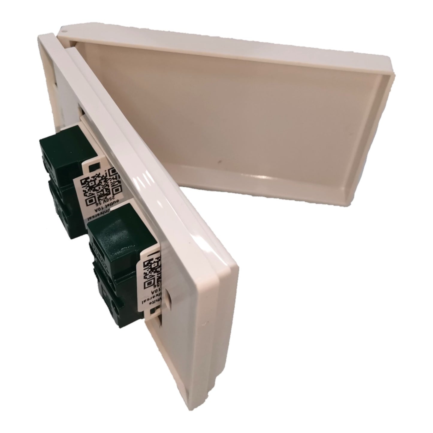 An off-white plastic electrical junction box cover with two dark green circuit breakers visible inside, shown on a plain white background.