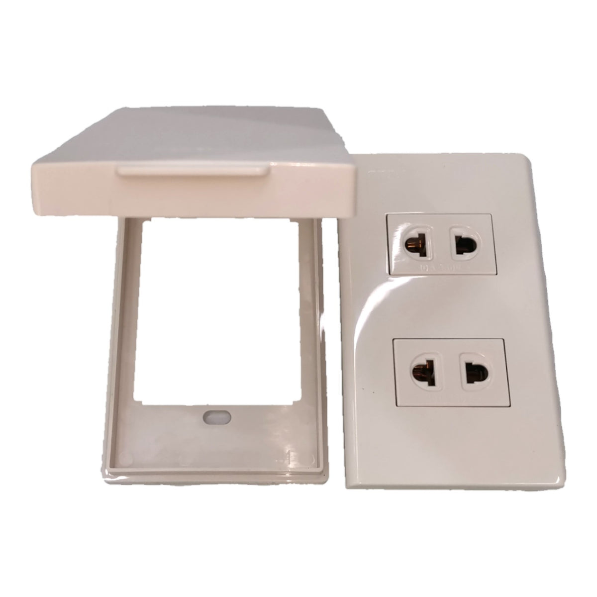 A white plastic electrical outlet cover plate shown disassembled, with the top cover removed and placed beside the outlet face, on a plain white background.