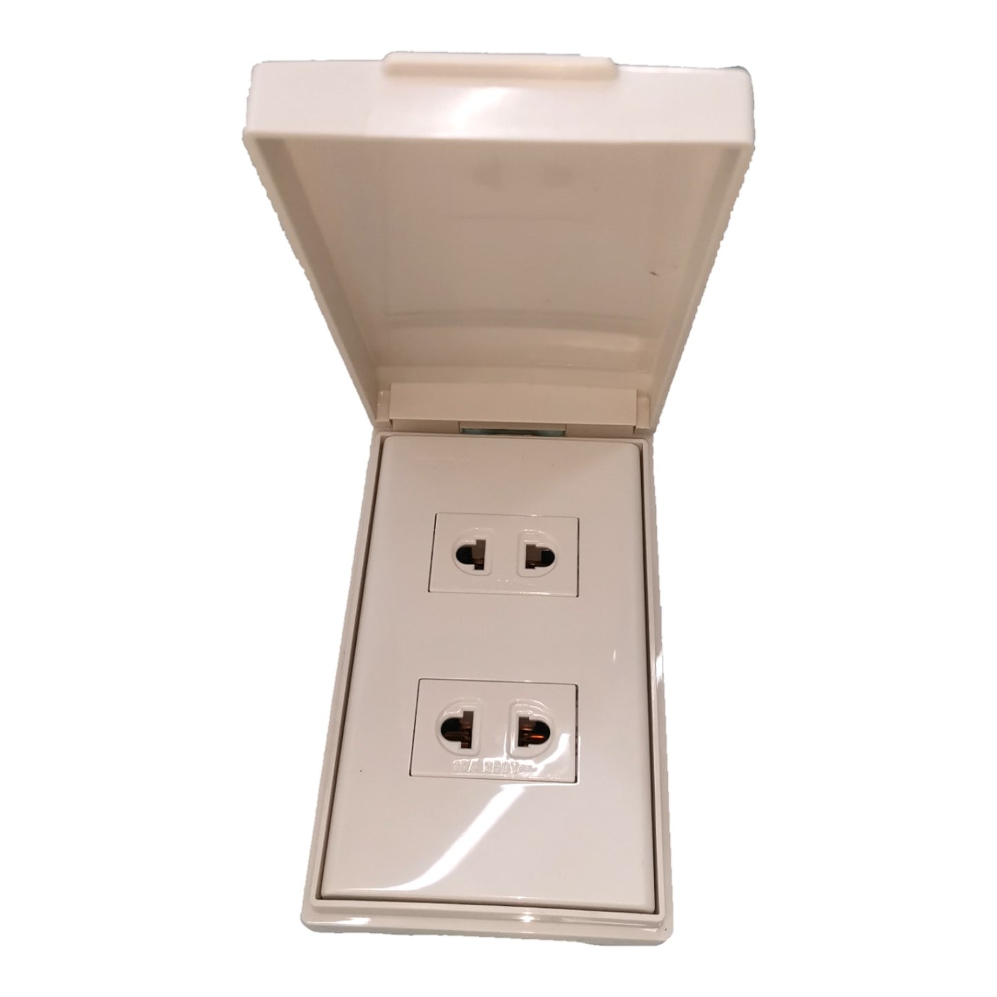 An open double outlet wall socket cover plate in a warm off-white/cream color, shown against a plain white background.