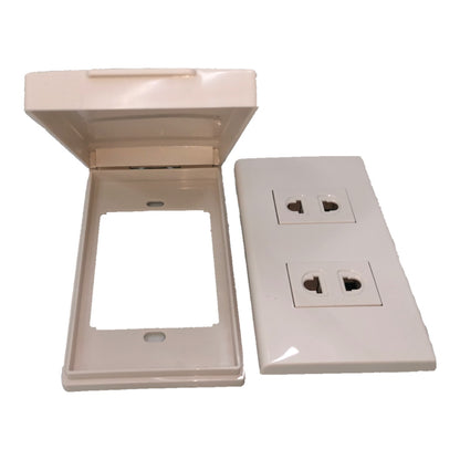 Beige plastic electrical outlet cover plate set, showing an open single-gang cover plate next to a double outlet faceplate on a white background.