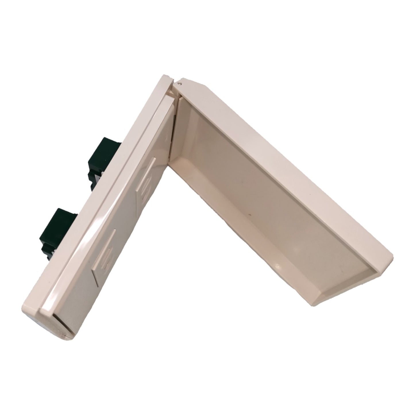 A cream-colored plastic replacement part, likely a hinge or bracket, with two black plastic connectors on one end, shown on a plain white background.