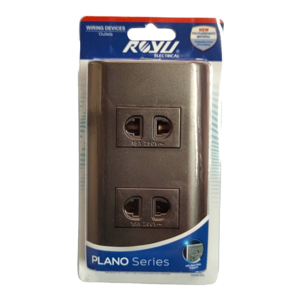 A two-outlet electrical duplex outlet cover plate in a dark metallic bronze finish, packaged in its original retail blister pack with a blue and white header card.