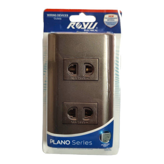 A two-outlet electrical duplex outlet cover plate in a dark metallic bronze finish, packaged in its original retail blister pack with a blue and white header card.