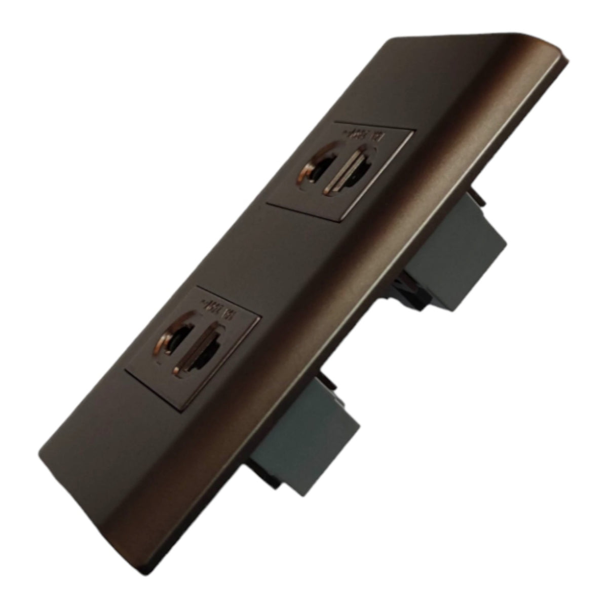A dual European-style wall outlet panel in a dark bronze metallic finish, shown at an angle against a plain white background.